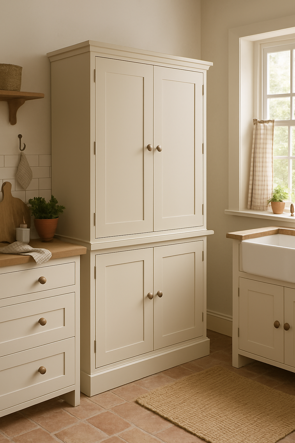 Kitchen with white cabinets, wooden countertop, and window with curtain.