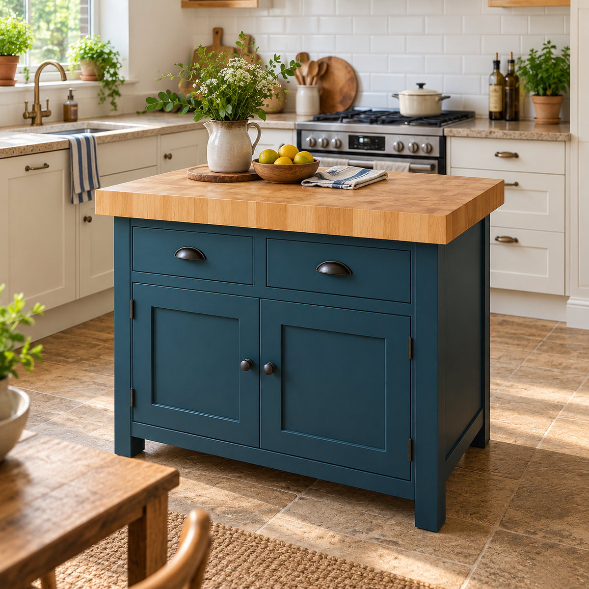 A teal blue kitchen island with a light natural wood countertop, set in a bright, modern kitchen with white cabinets and tiled walls.