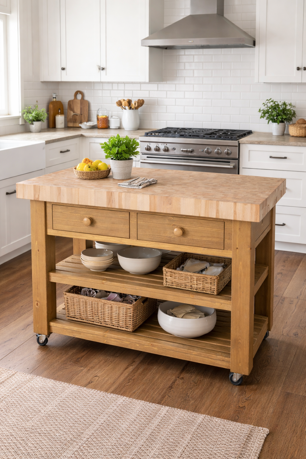 Kitchen with wooden island, white cabinets, and stainless steel appliances.