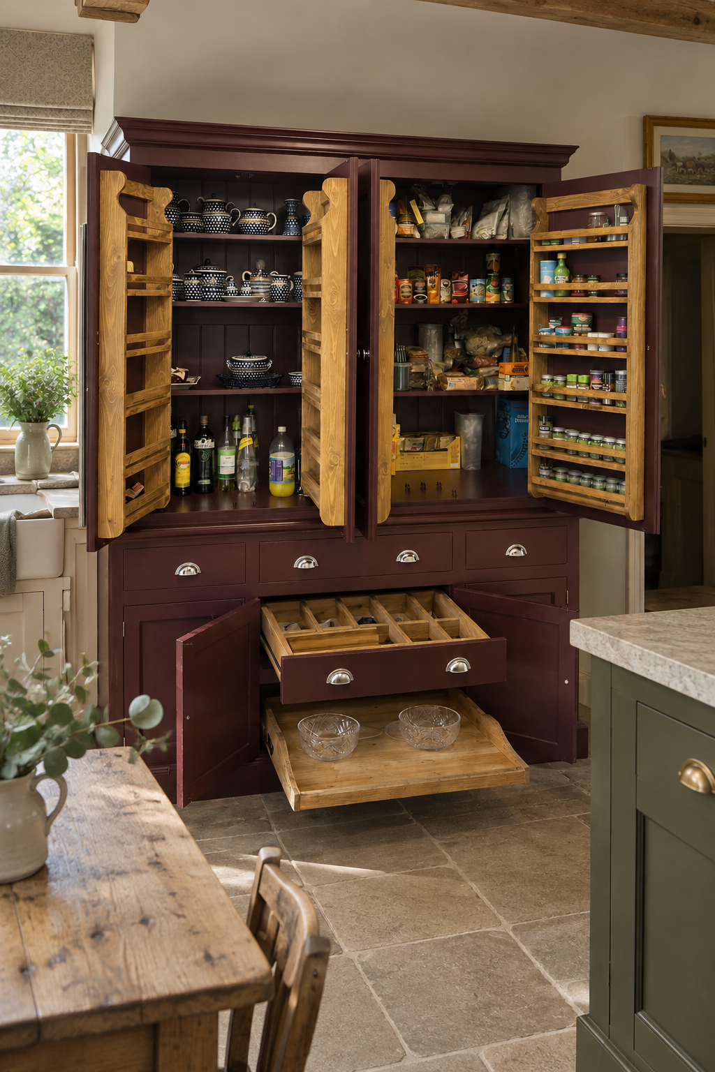 A large dark red wooden pantry cabinet with two open upper doors and one lower drawer pulled open, showing a fully stocked kitchen pantry with glass jars, bottles, and wooden organizer shelves. The cabinet is set in a rustic kitchen with stone tile floors and a wooden table in the foreground.