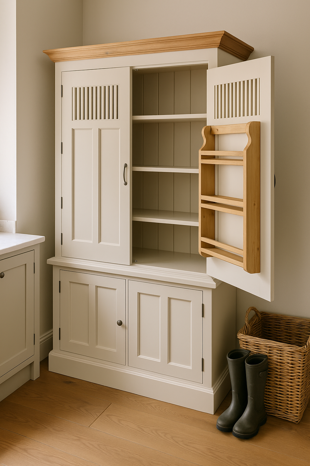White cabinet with wooden doors and shelves, featuring a wicker basket and green boots on a wooden floor.