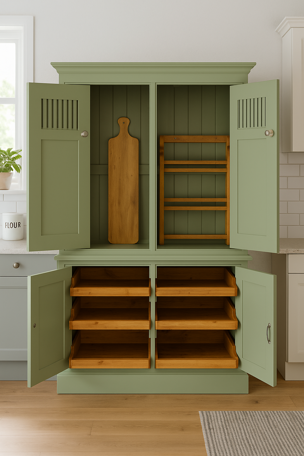 Green kitchen cabinet with open doors displaying wooden shelves and a cutting board.