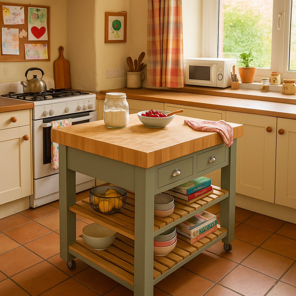 Kitchen with a wooden island, stove, oven, and various kitchen items.