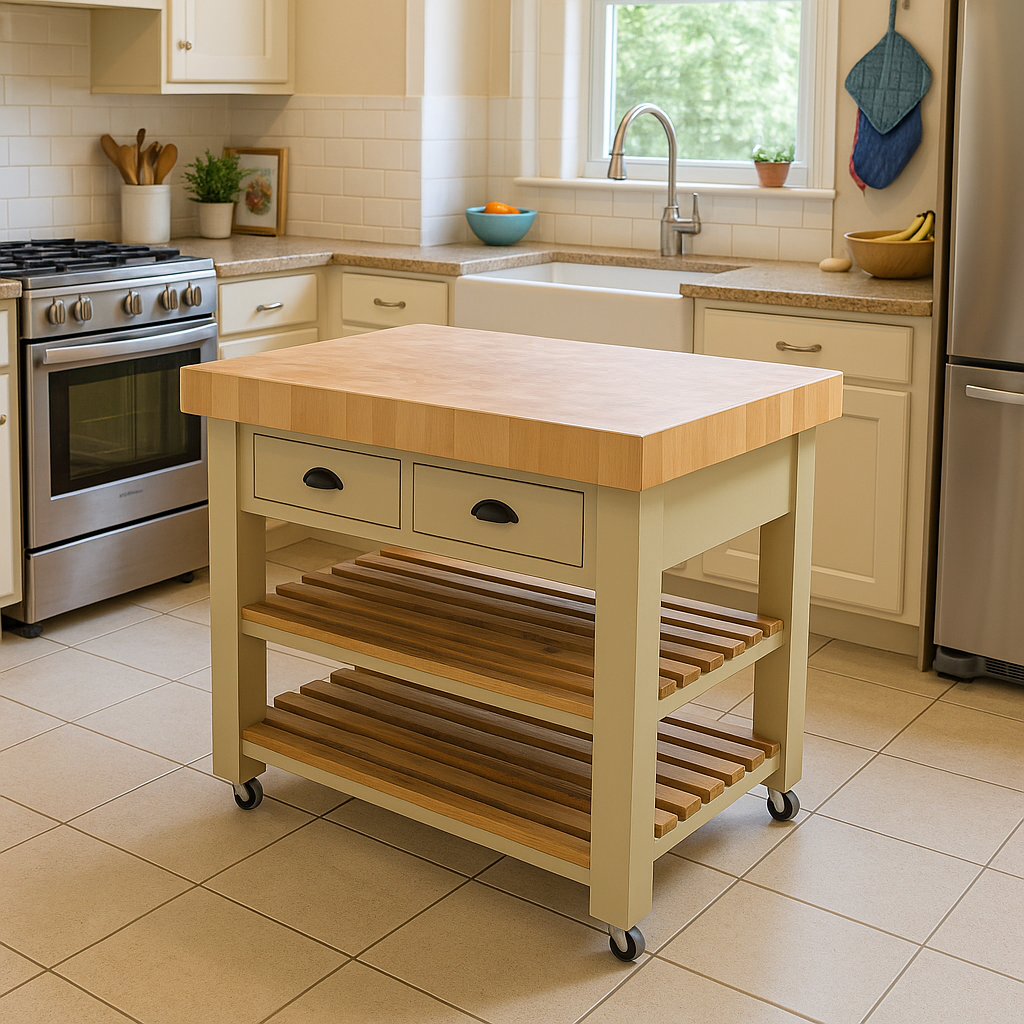 Kitchen island with wooden top and shelves in a well-lit kitchen.