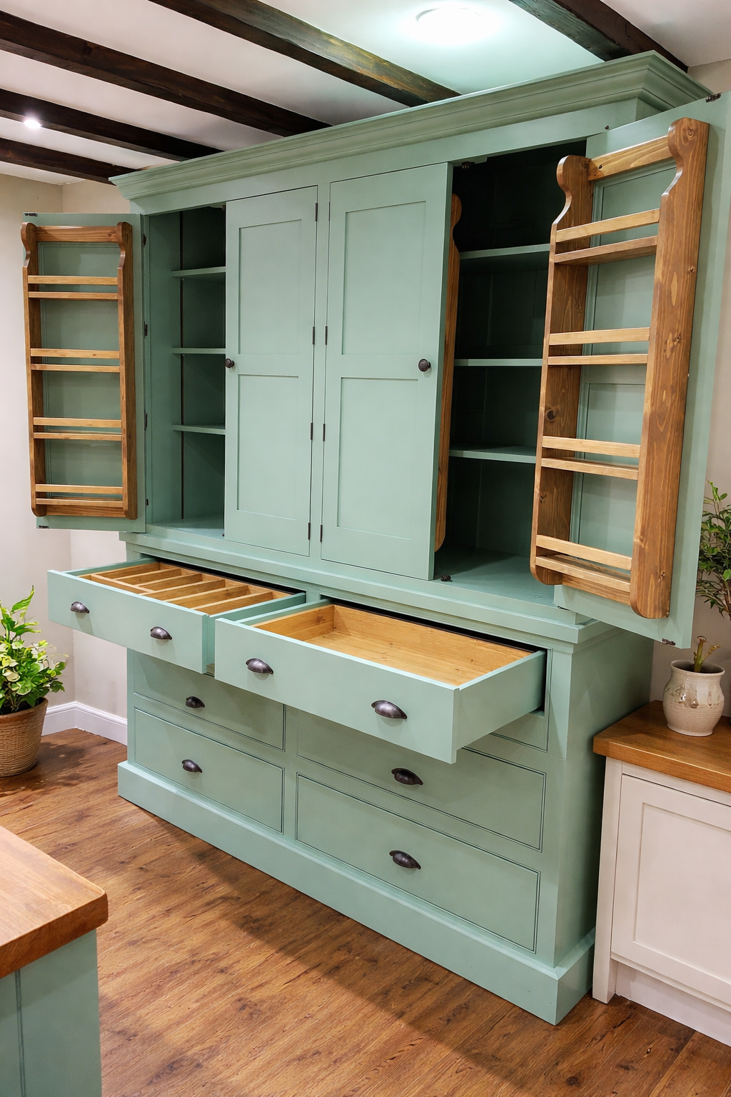 Large green kitchen cabinet with wooden shelves and drawers in a rustic kitchen setting.