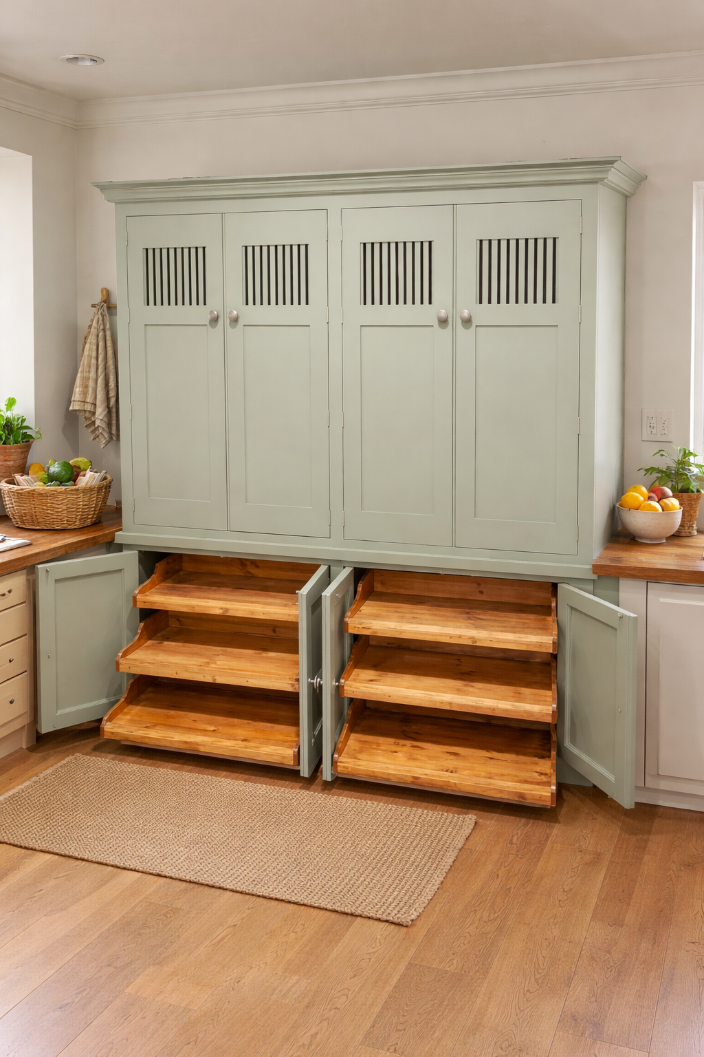 Green kitchen cabinet with wooden shelves in a well-lit room.