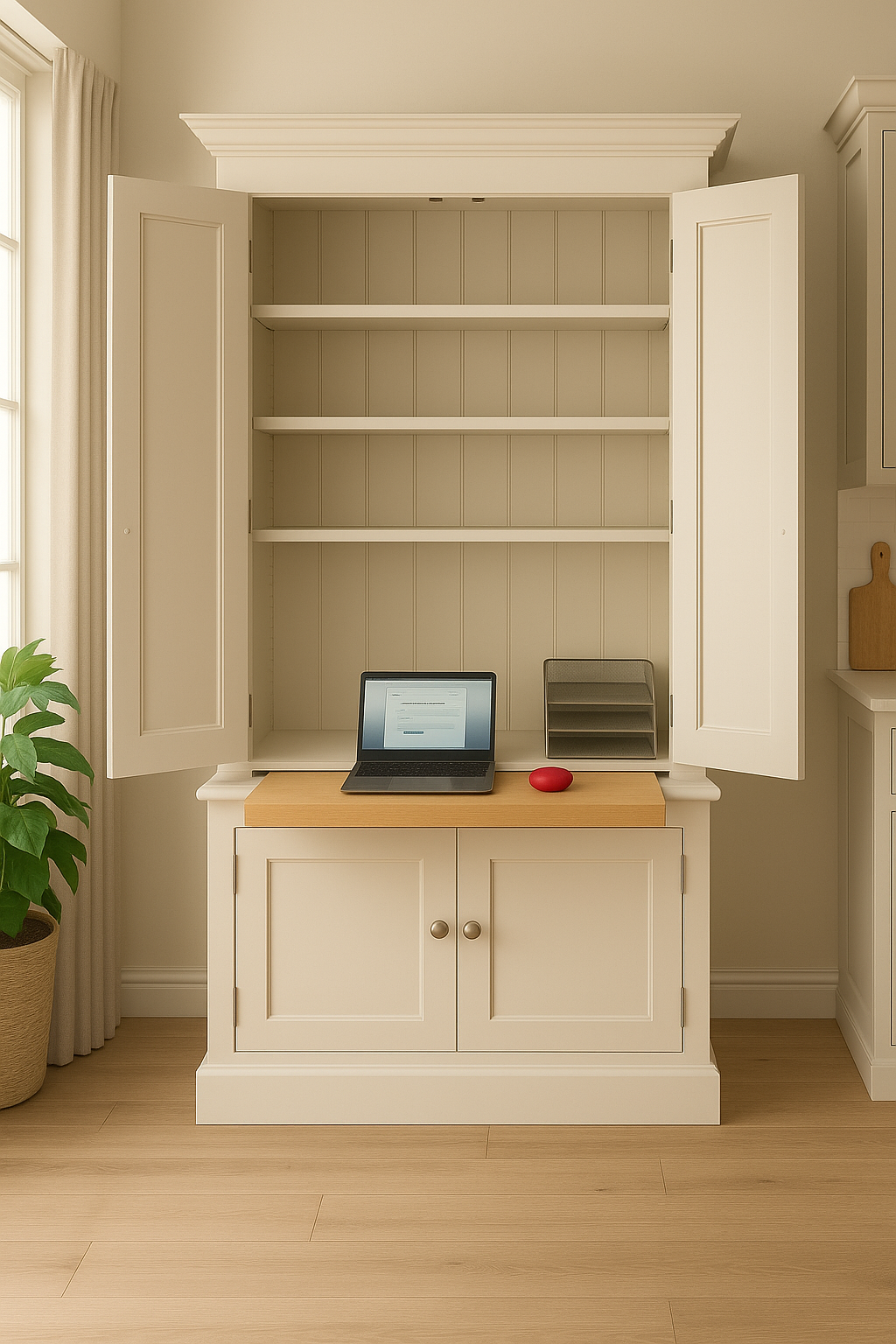 Computer desk station with 2 upper doors and 2 lower doors