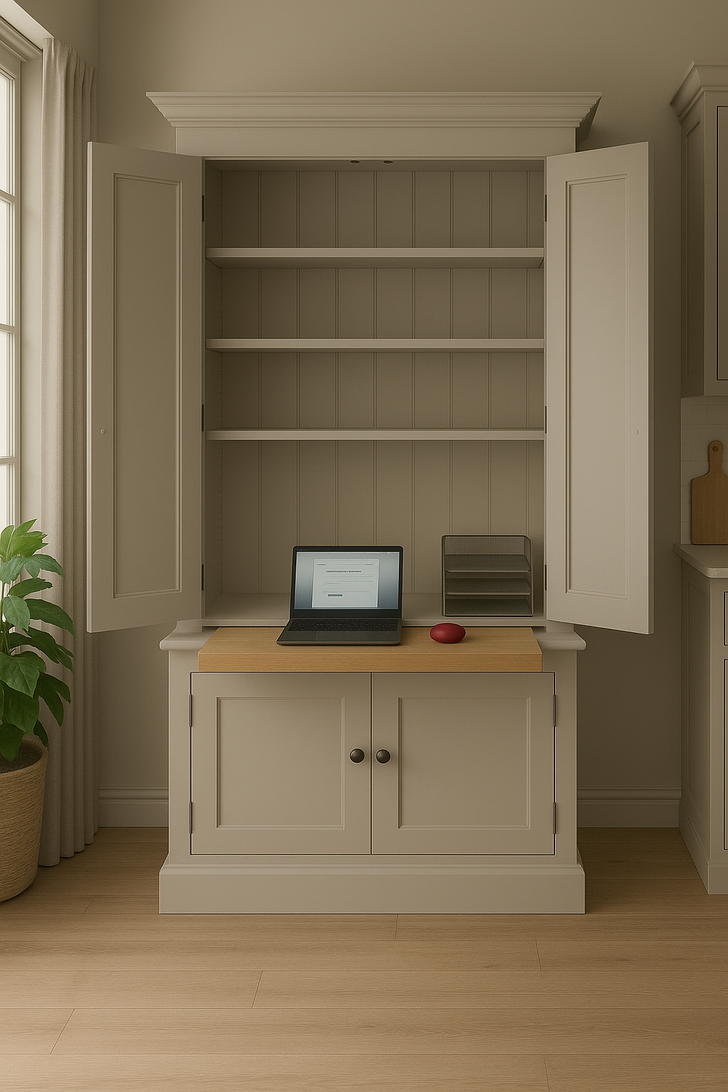 Computer desk station with 2 upper doors and 2 lower doors