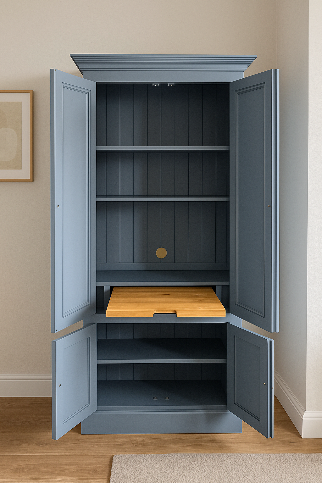 Computer desk station with 2 upper doors and 2 lower doors