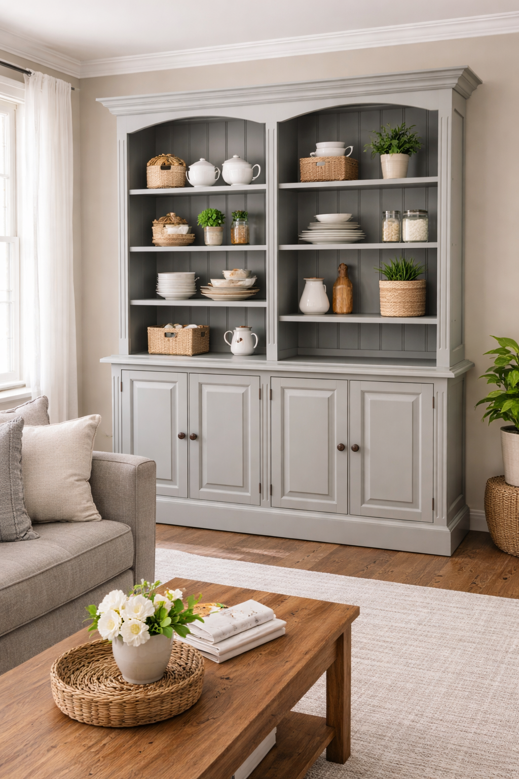 Gray bookshelf in a living room with decorative items and a sofa.