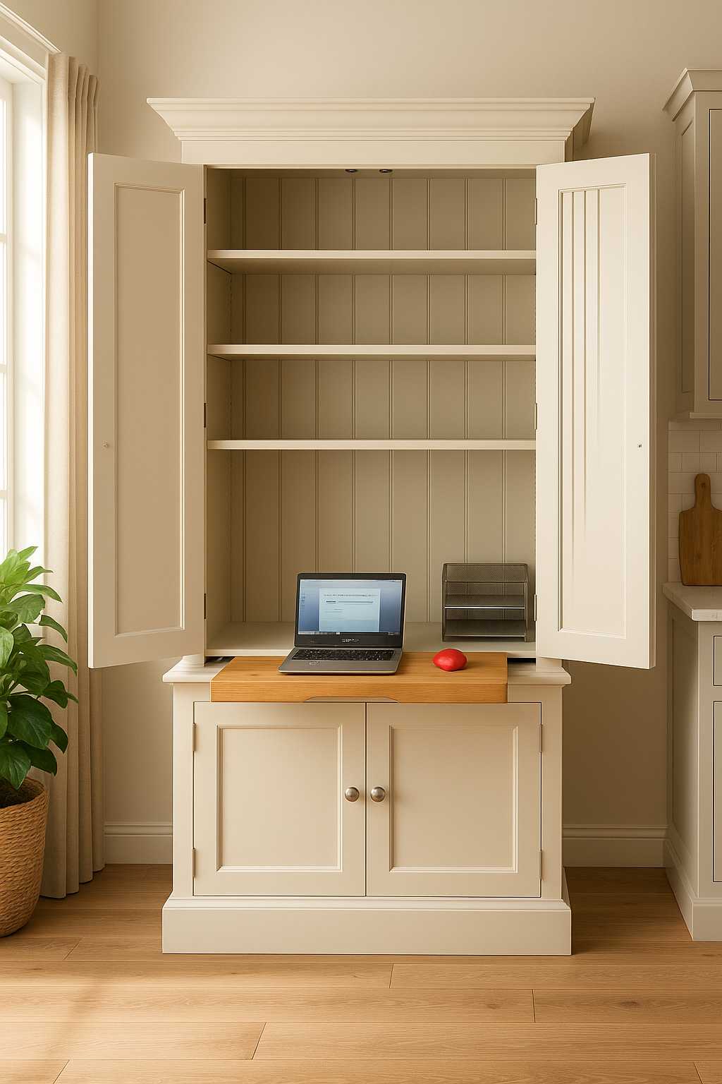 Computer desk station with 2 upper doors and 2 lower doors