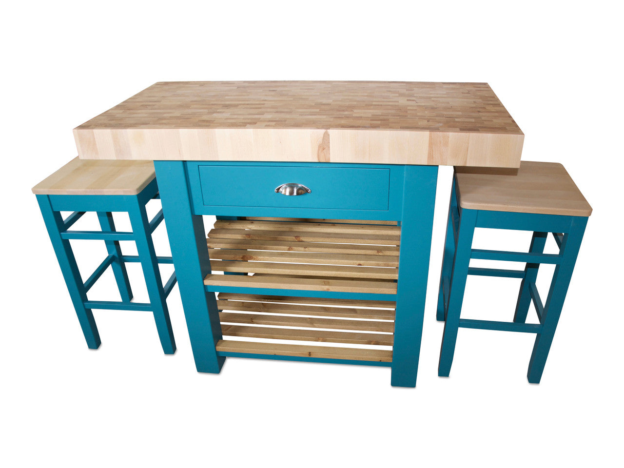 Wooden kitchen island with blue base and four stools on a white background