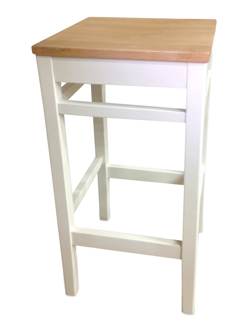 Bar stool with wooden seat and white frame on a white background