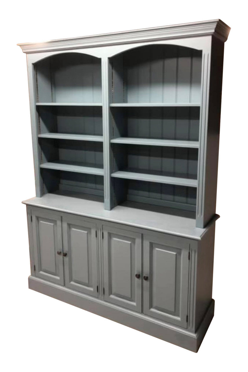 Gray bookshelf with open shelves and closed cabinets on a white background