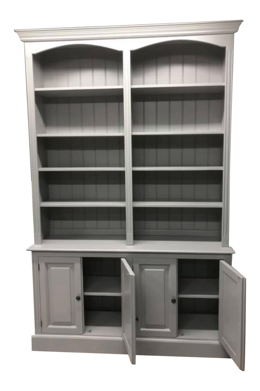 Gray bookshelf with open doors on a white background