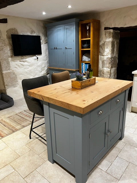 Reclaimed Butchers Block 2 drawer kitchen cupboard island with back overhang. 120cm x 85cm x 92cm