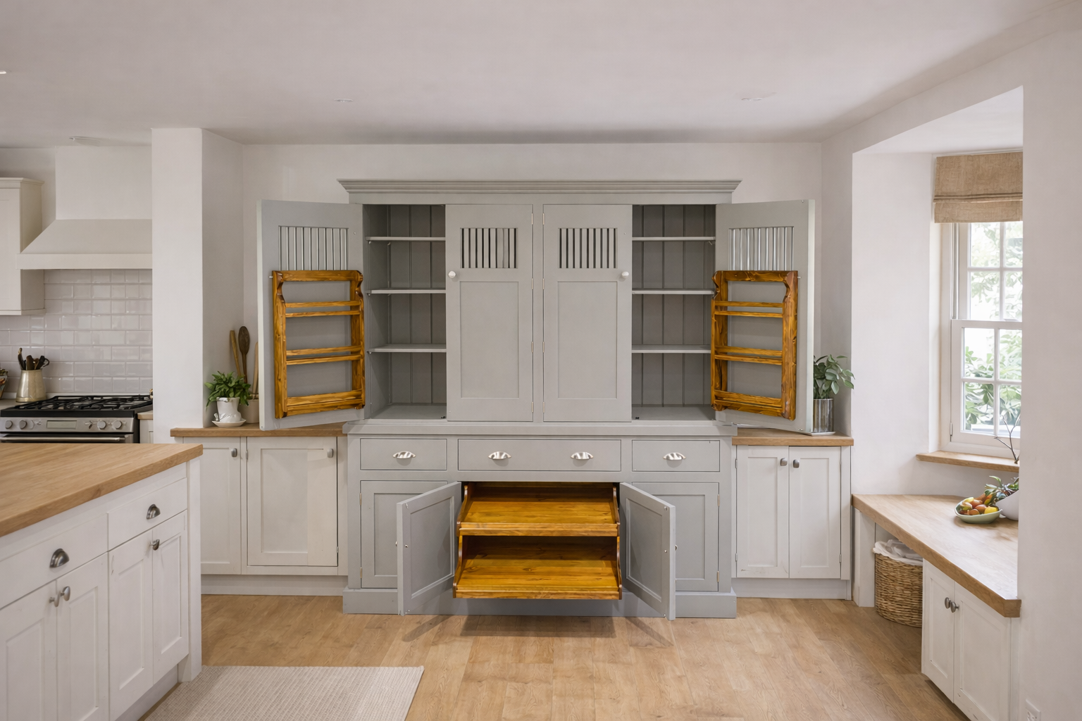 Modern kitchen with gray cabinets and wooden shelves