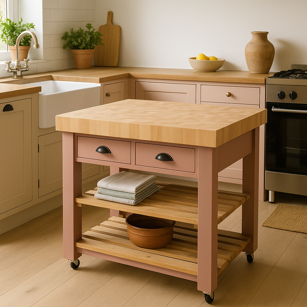 Wooden kitchen island with drawers and shelves in a kitchen setting.
