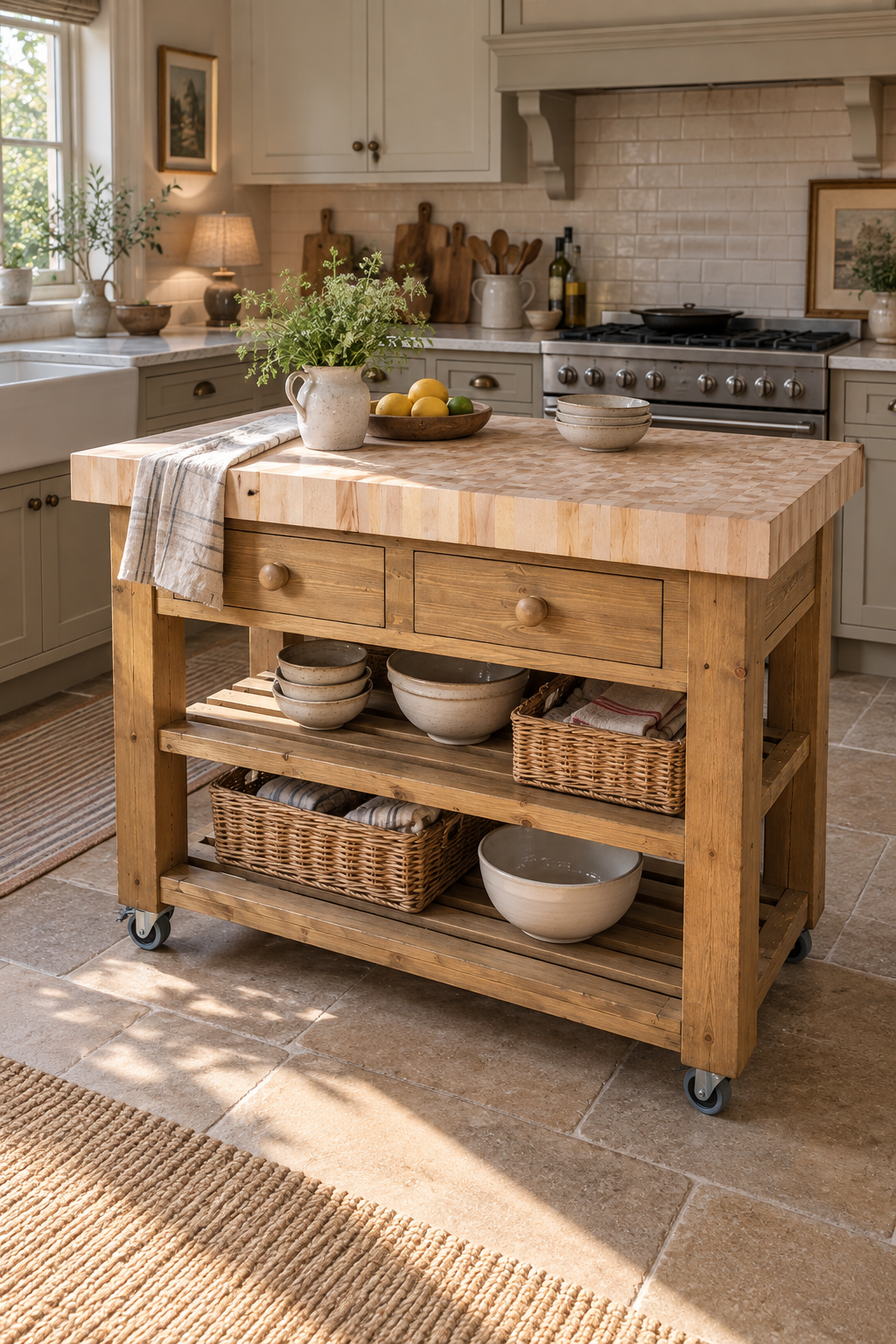 Stained Finish Custom Kitchen Island with Butcher Block Top, Handmade Wooden Prep Table 120cm x 60cm - Beech with Castor Wheels, Towel Rail