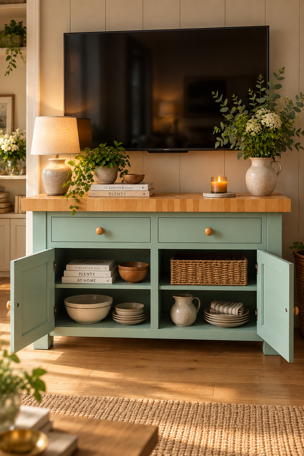 A sage green TV stand cabinet with a light wood top, shown in a cozy living room setting with a television mounted above it. The cabinet's lower doors are open, revealing shelves stocked with ceramic bowls, plates, a wicker basket, and a small vase.