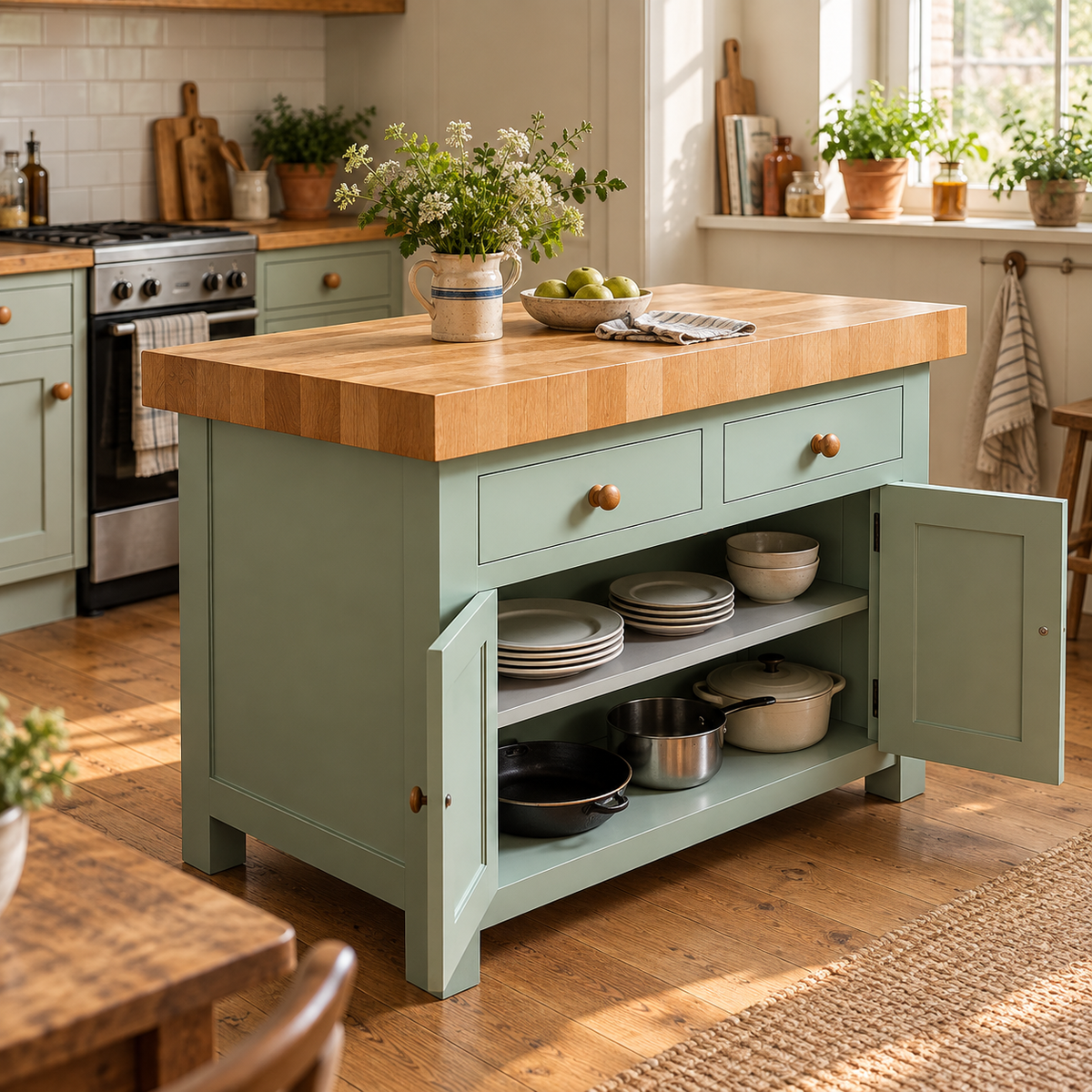 A sage green kitchen island with a light wood countertop, featuring two drawers and an open lower cabinet filled with dishes. The island is set in a bright, sunlit kitchen with wooden floors, potted plants, and other cabinetry.