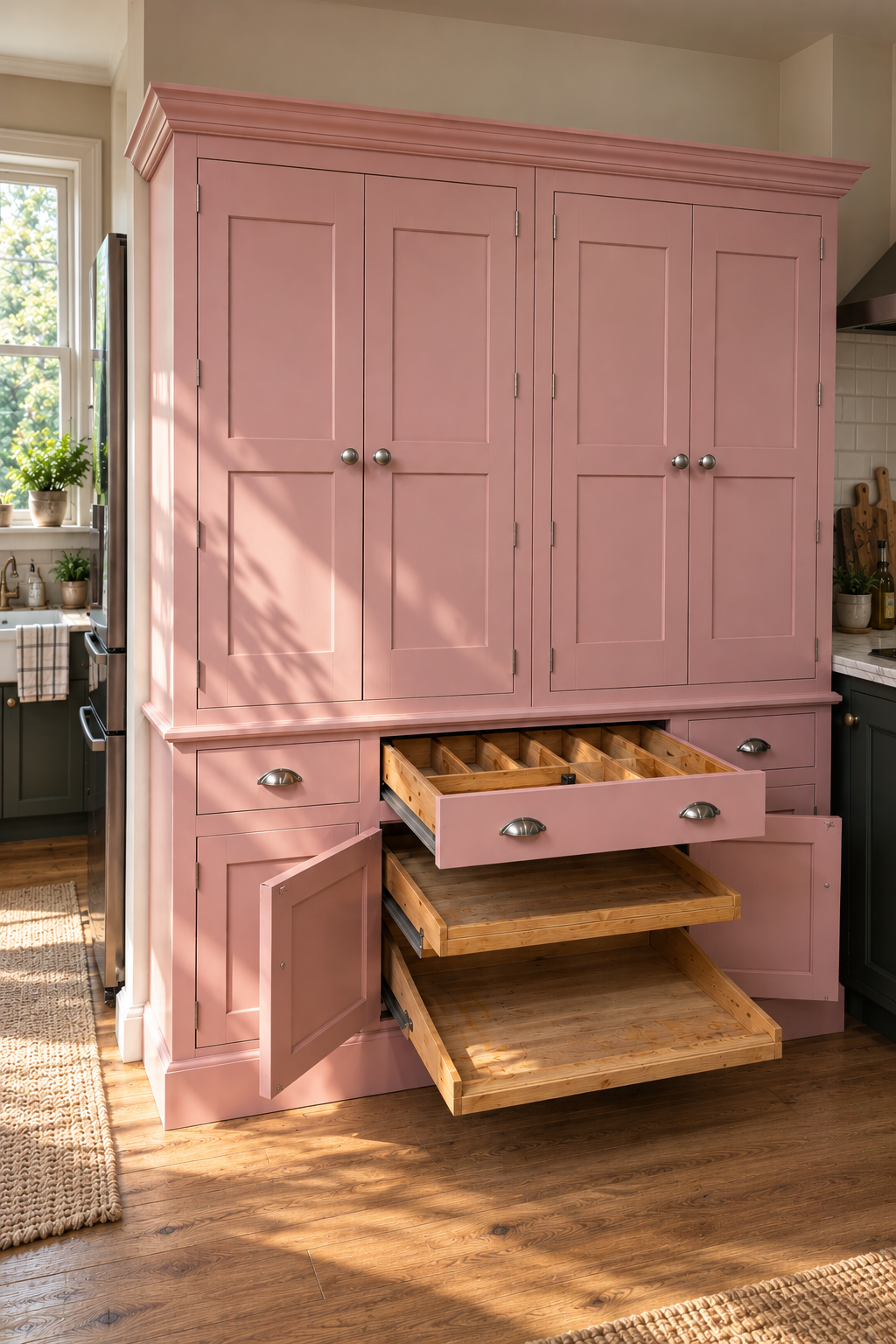 A tall pink kitchen cabinet with silver knobs, shown in a real kitchen with sunlight and shadows. Two lower drawers are open, revealing wooden drawer organizers and storage compartments.