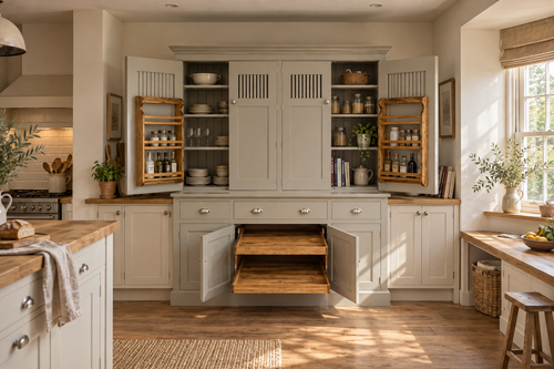 A large white kitchen hutch with open doors revealing wooden interior shelving and a pull-out wooden drawer, set in a bright, sunlit kitchen with wood countertops and flooring.