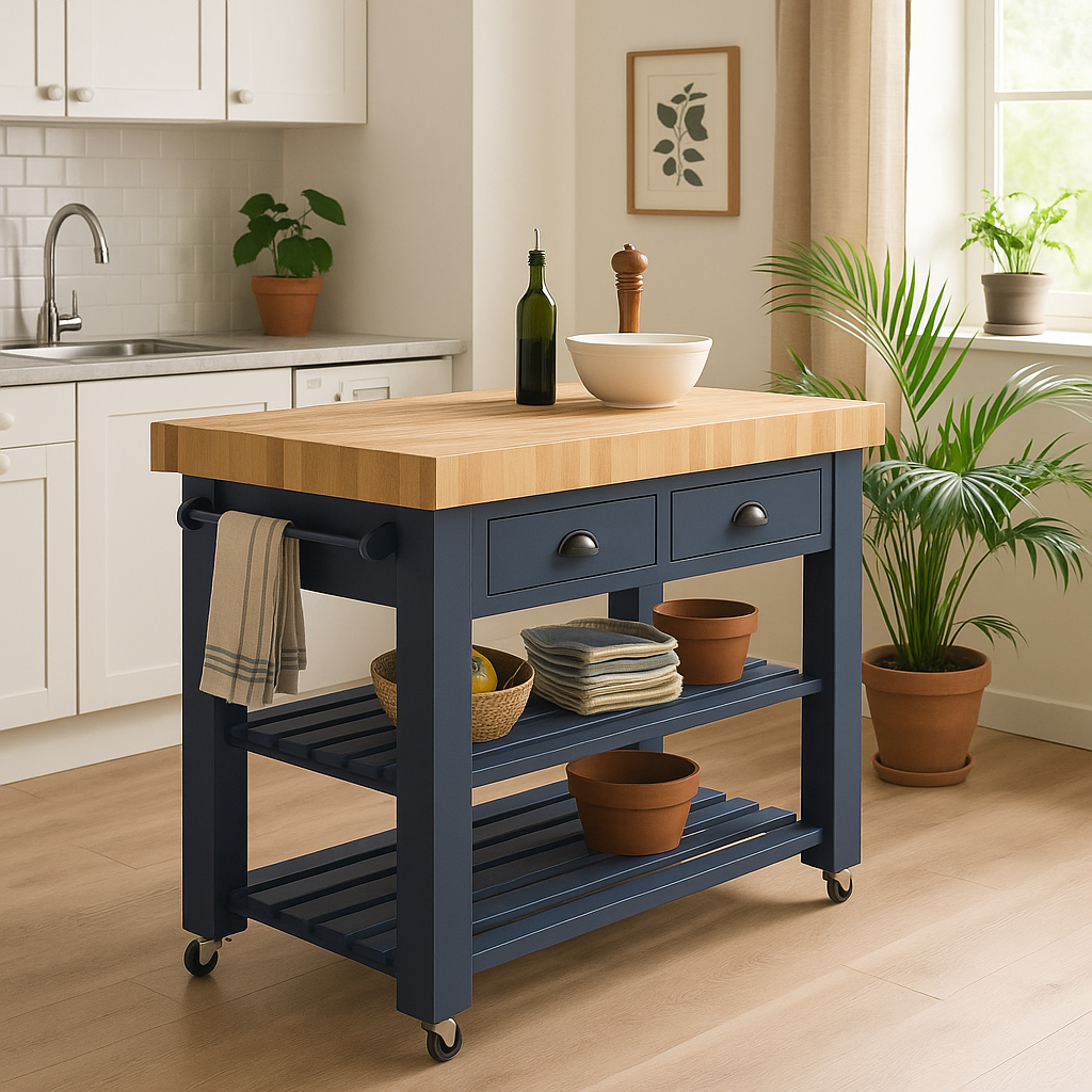 Kitchen island with wooden top and blue base in a kitchen setting