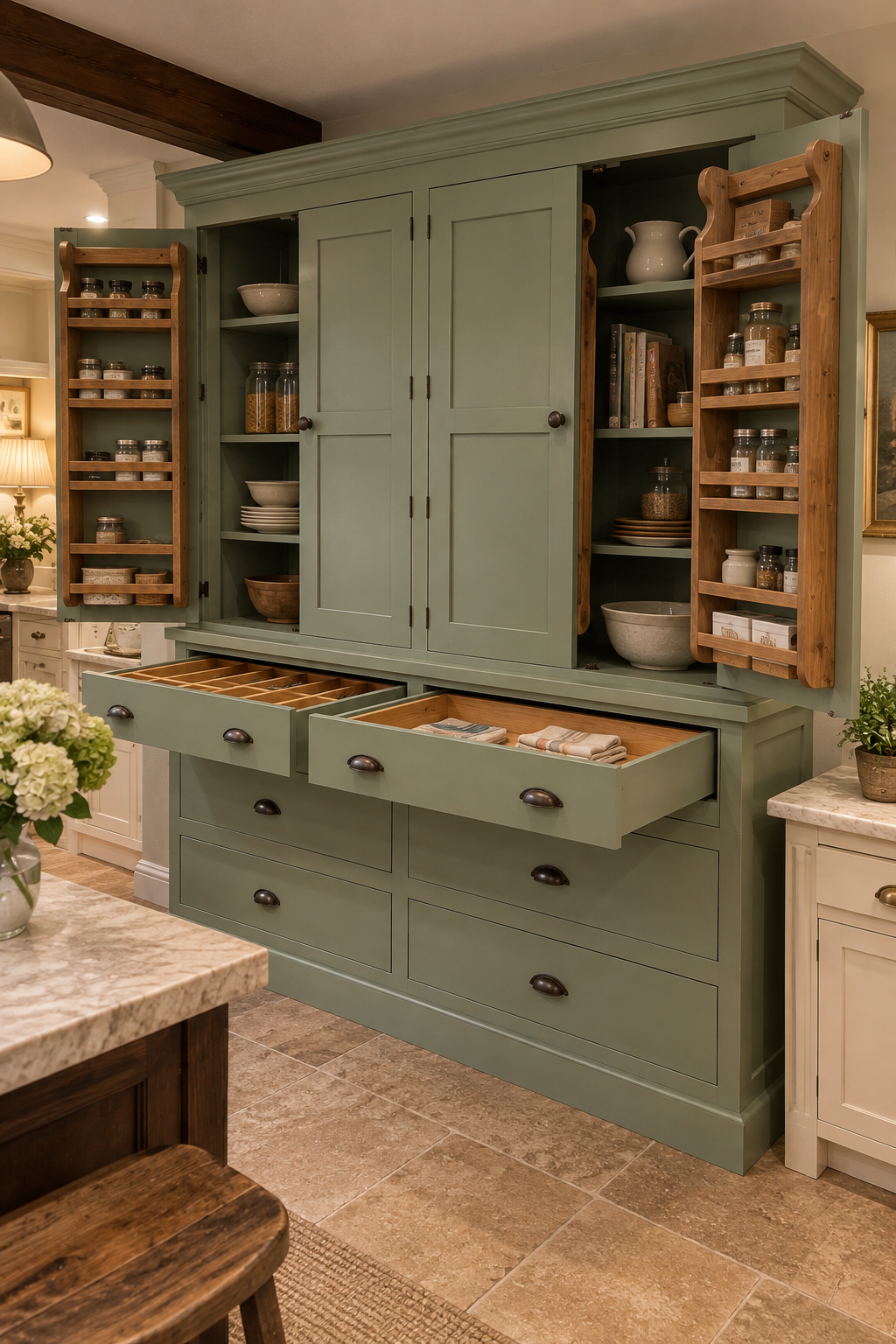 A large sage green kitchen hutch cabinet with multiple drawers and open shelves, shown in a real kitchen setting with wood flooring, stone countertops, and decorative dishes inside.