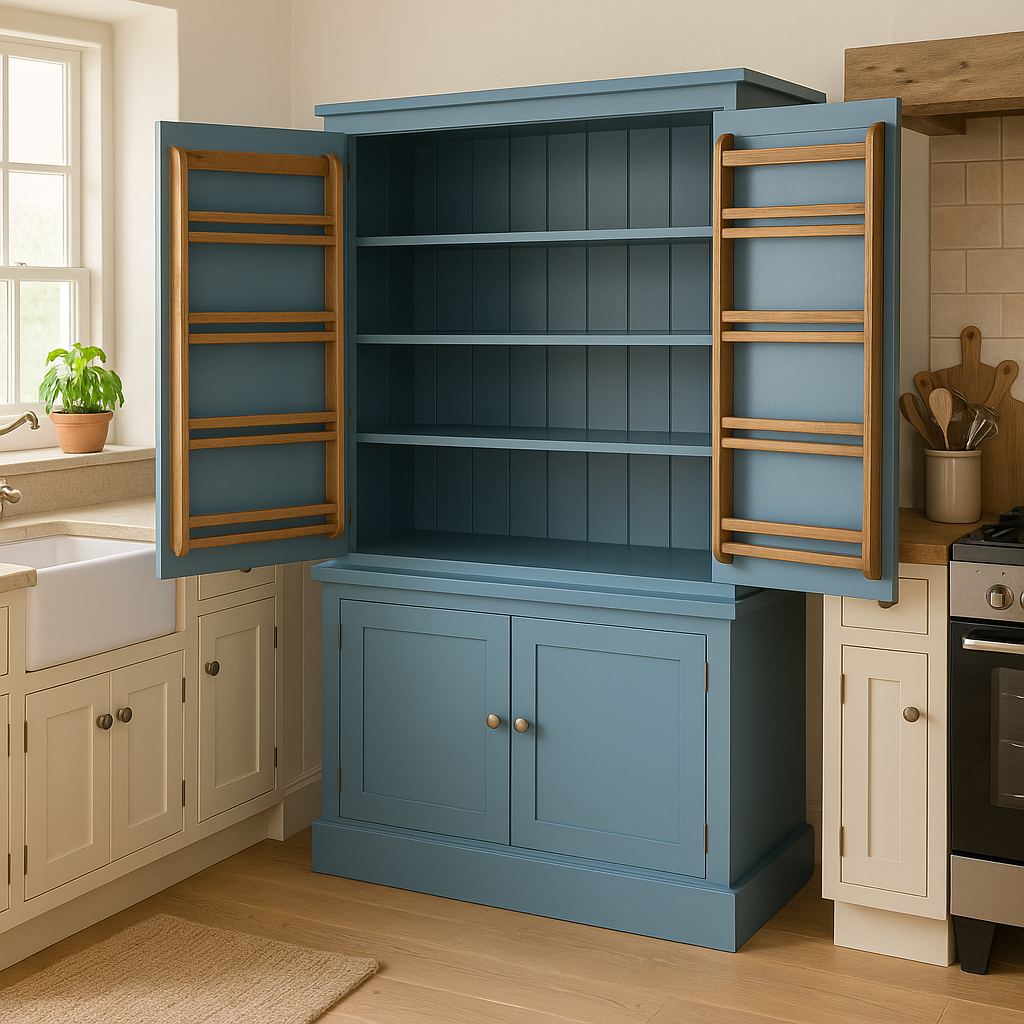 Blue kitchen cabinet with open doors in a well-lit kitchen.