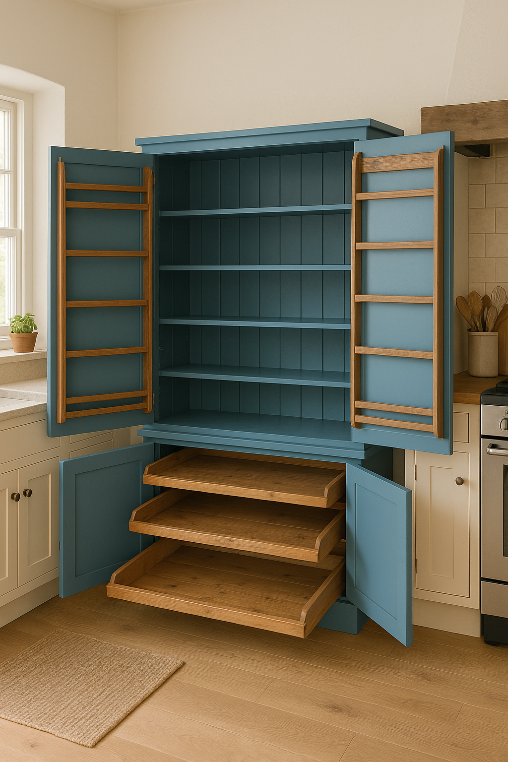 Blue kitchen cabinet with open doors in a well-lit kitchen.