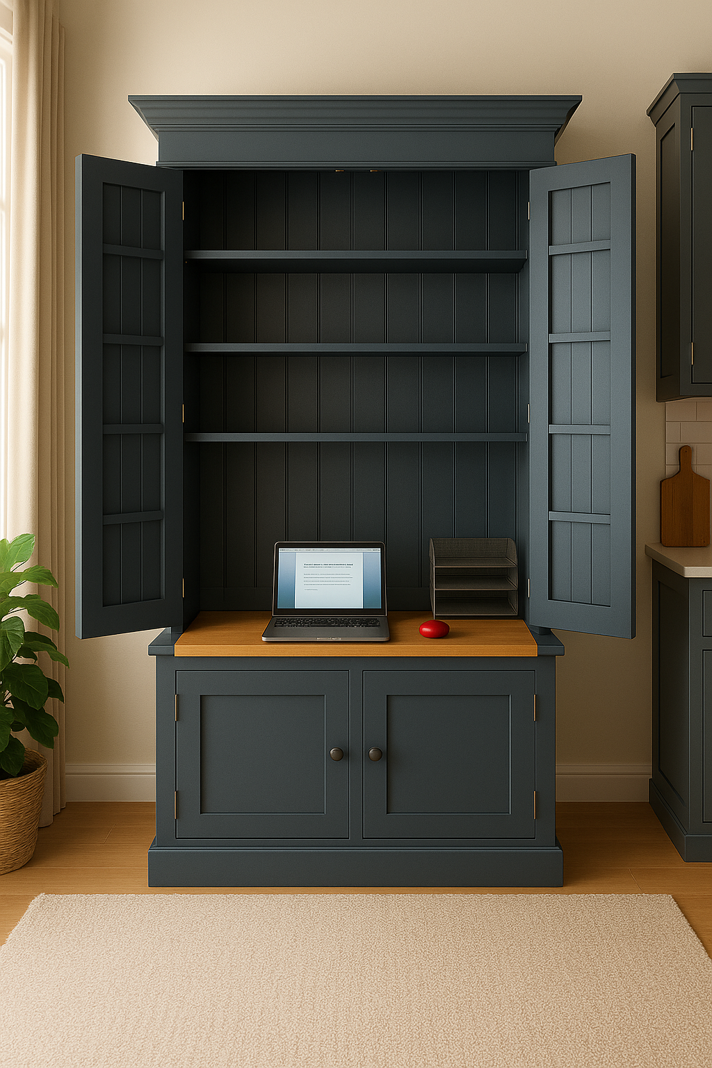 Computer desk station with 2 upper doors and 2 lower doors