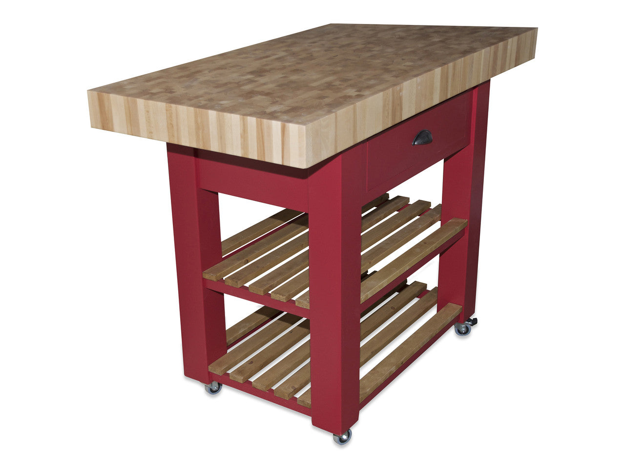 Red kitchen island cart with wooden top and shelves on a white background