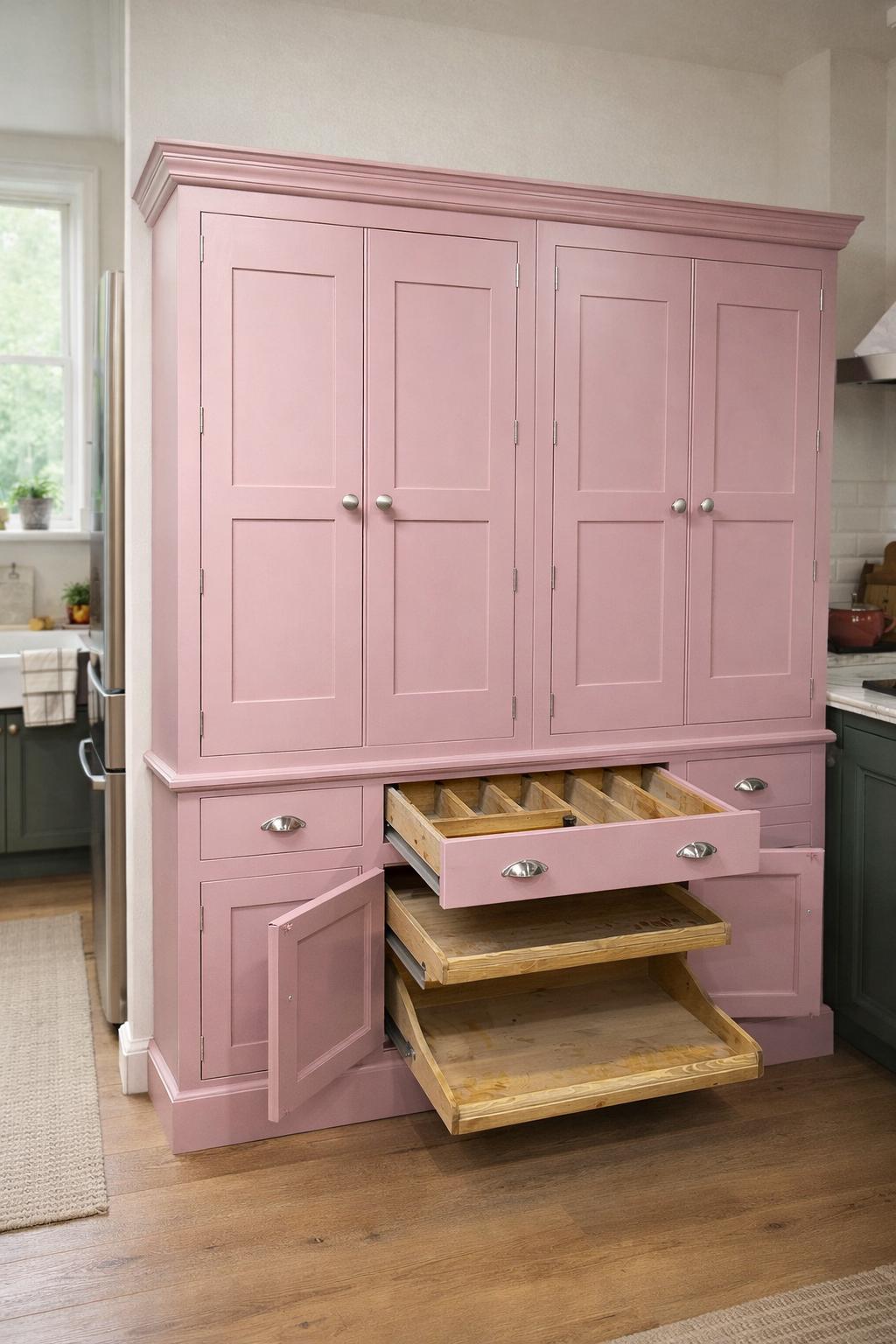 Pink kitchen cabinet with open drawers in a home setting