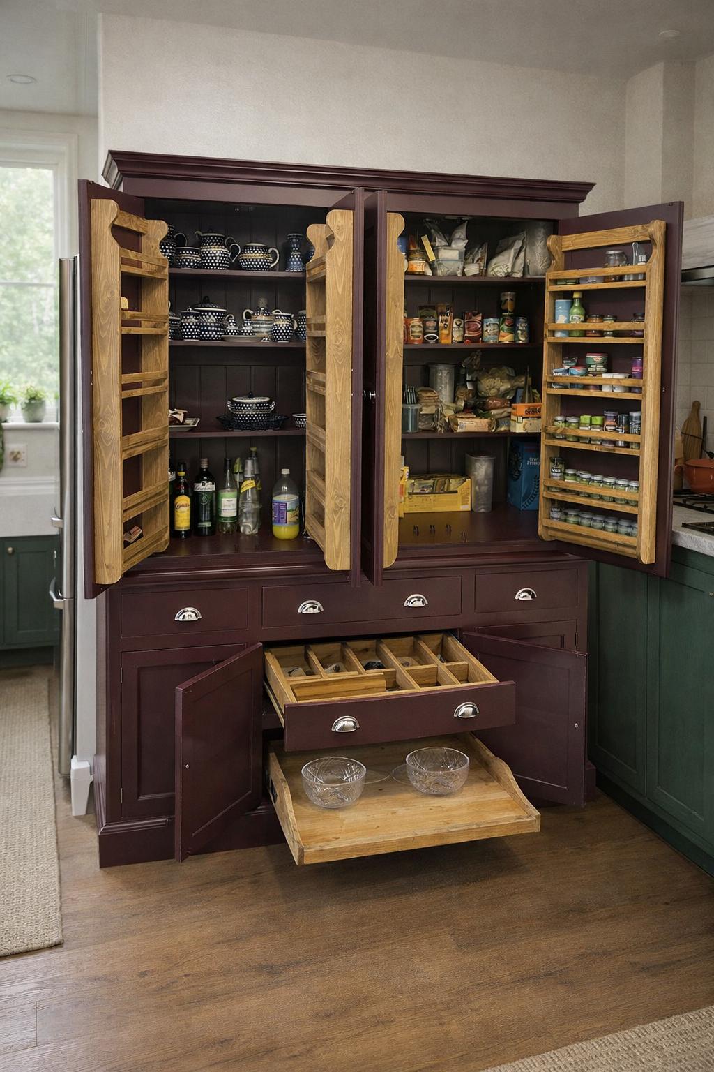 Large dark brown pantry with open doors displaying various food items and kitchenware.