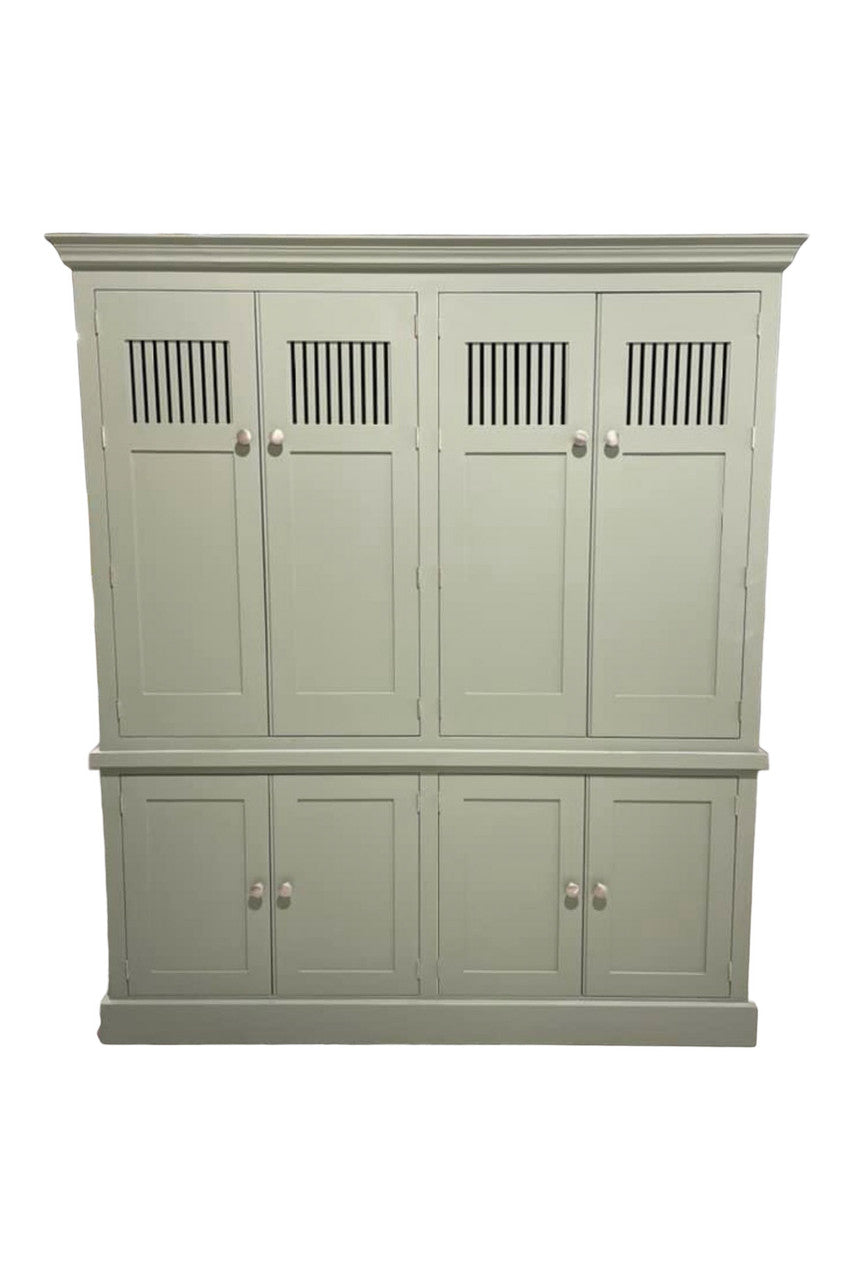 Green cabinet with multiple doors on a white background
