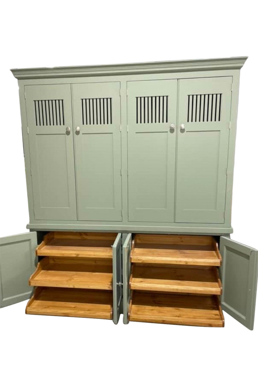 Green cabinet with open doors revealing wooden shelves on a white background