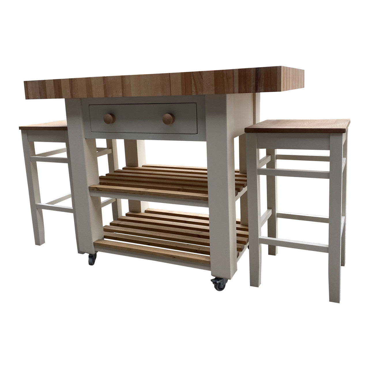 Wooden kitchen island with two stools on a white background