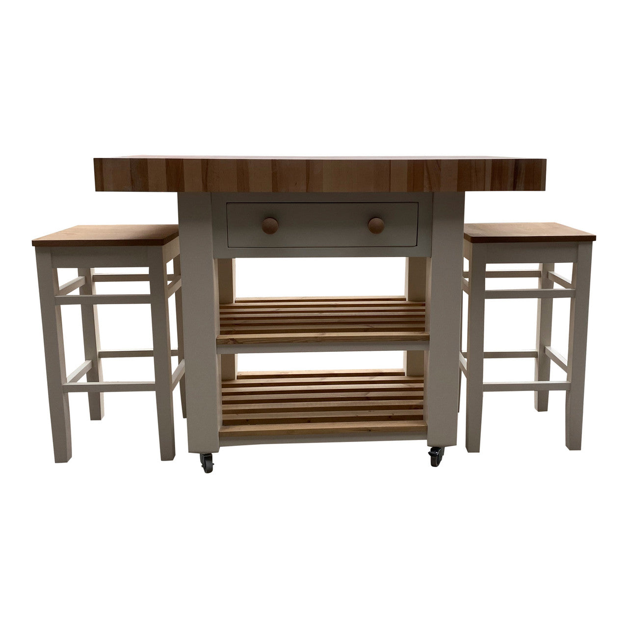 Wooden kitchen island with two bar stools on a white background