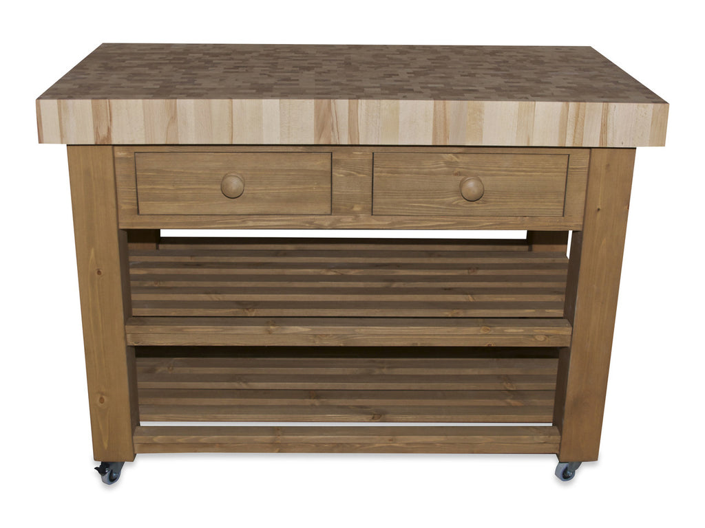 Wooden kitchen island with a marble countertop on a white background