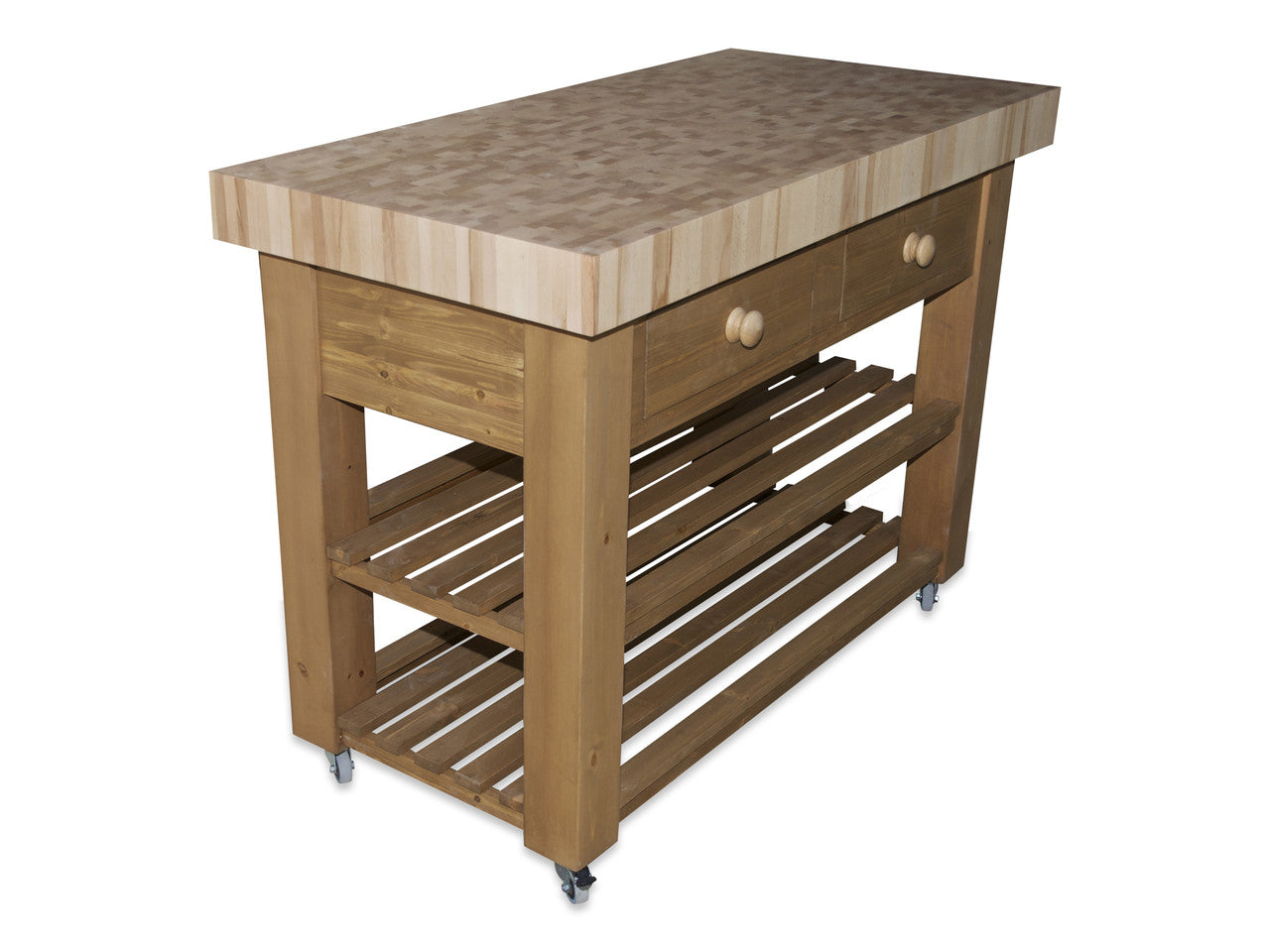 Wooden kitchen island with butcher block countertop on a white background